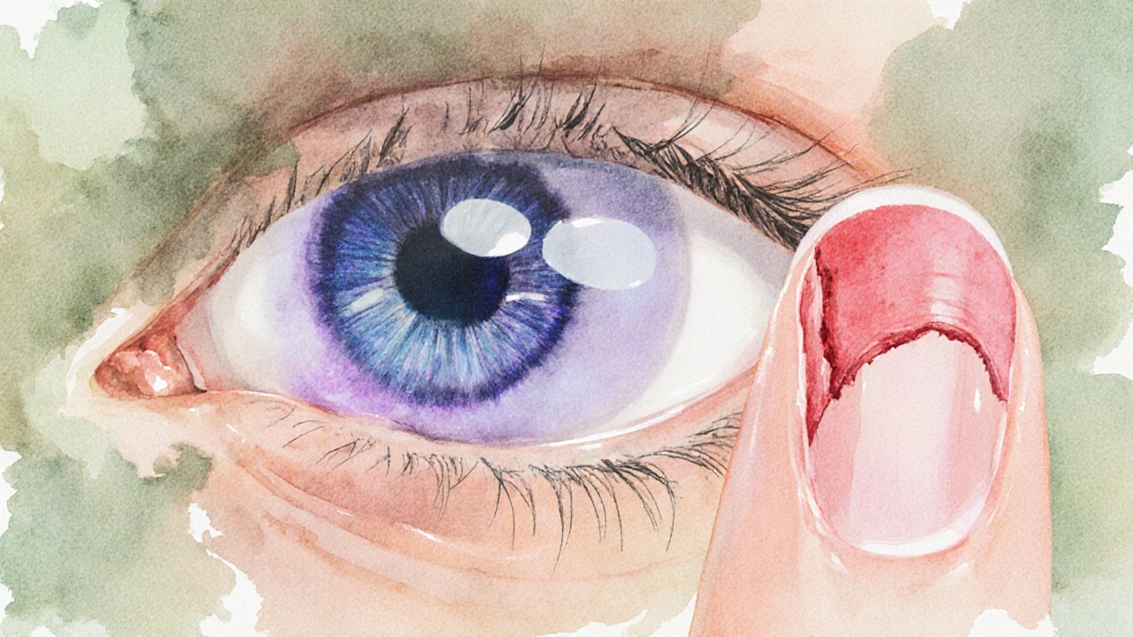 Blurred eye with swollen lens and a slow‑healing fingertip cut.