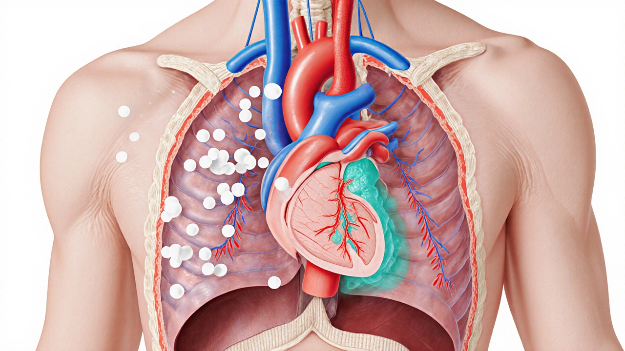 Cross‑section of chest showing heart, fluid around it, white blood cells, and arrhythmia.