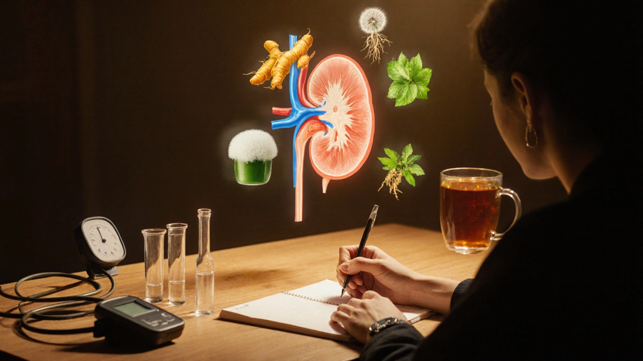 Digital art of a person journaling, sipping tea, surrounded by safe herbs and a kidney silhouette.