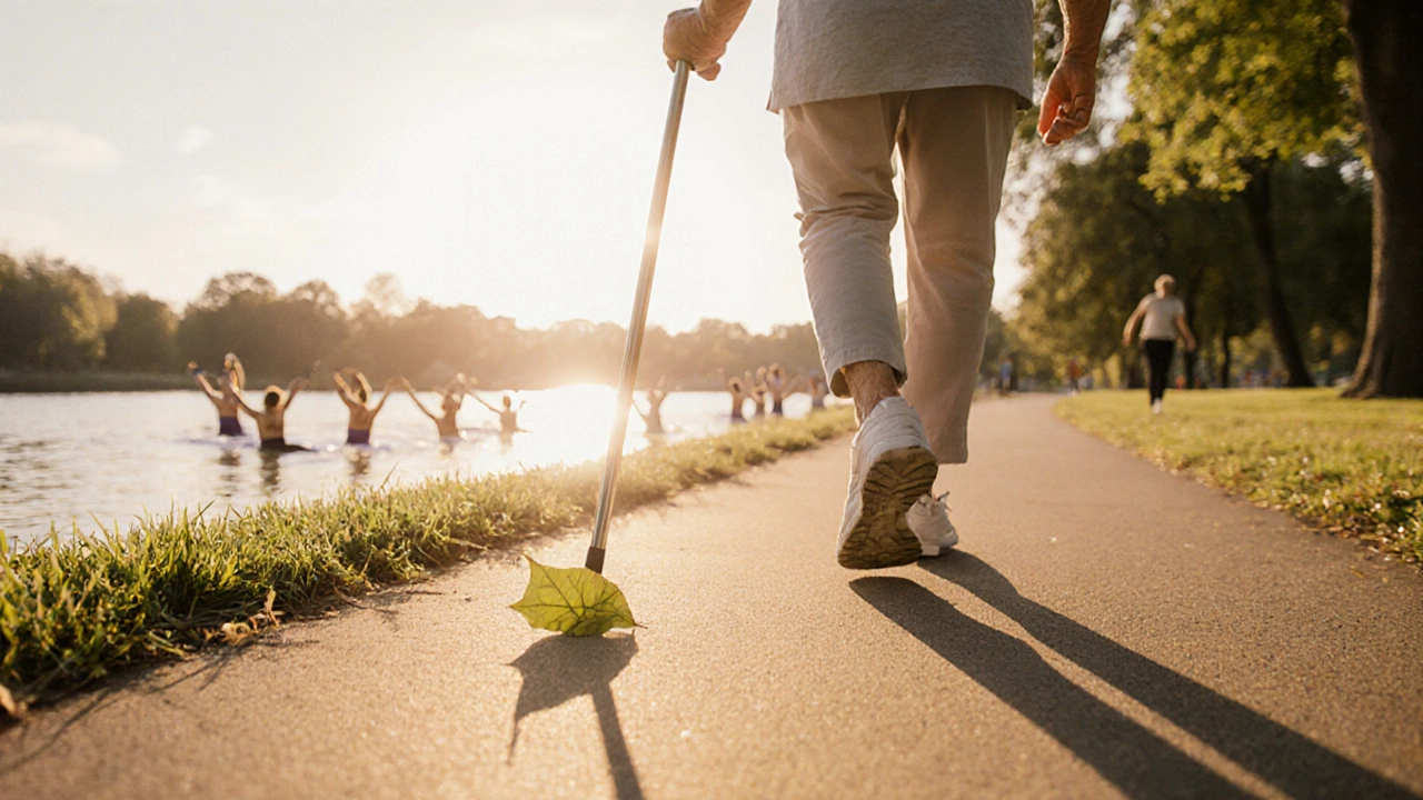 Elderly person walking in park with cane, enjoying recovery.