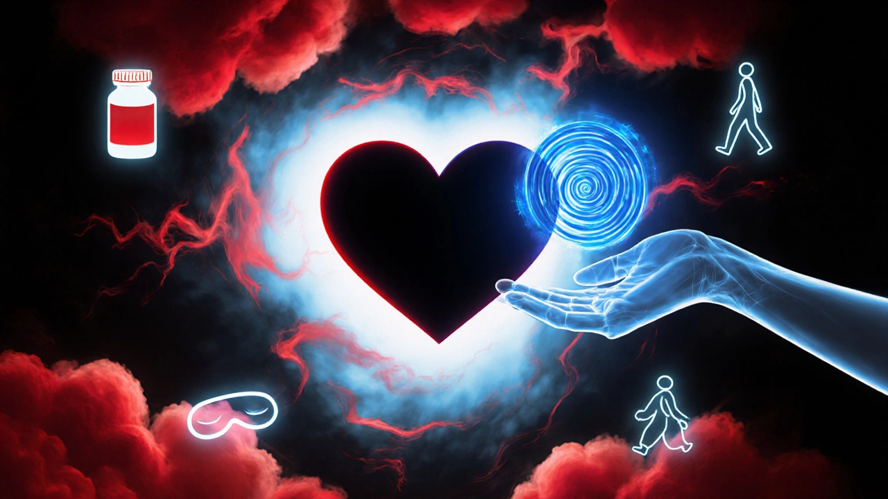 Heart surrounded by angry storm clouds calmed by a hand holding a breathing symbol.