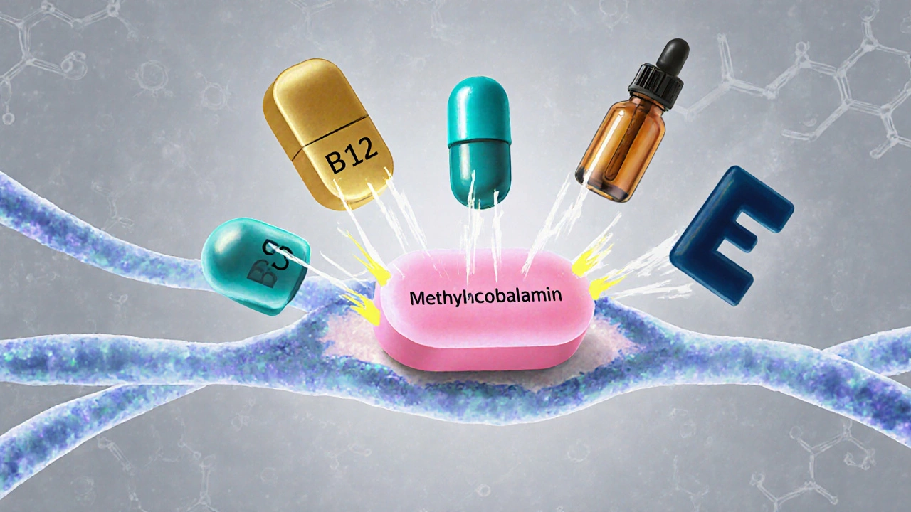Illustration of a nerve fiber with myelin and floating vitamin capsules highlighting their repair role.