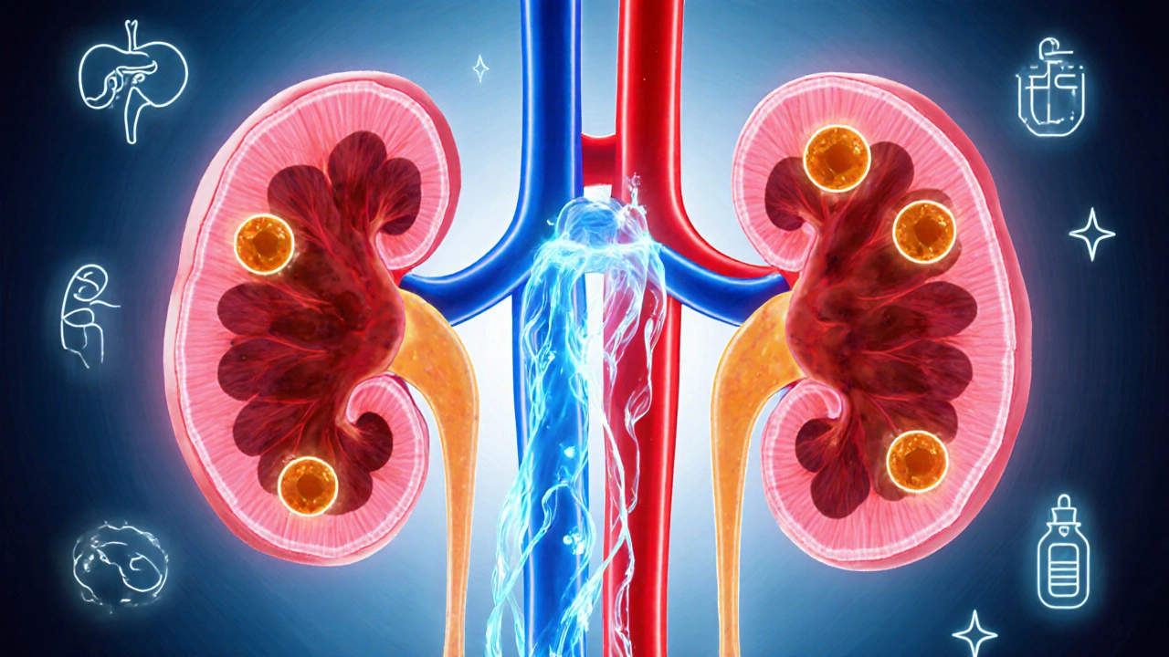 Illustration of kidneys filtering glowing glucose particles into urine.