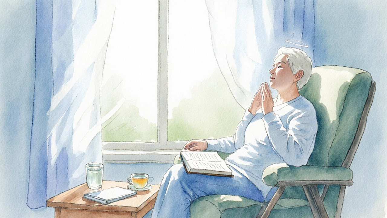 Patient in recliner practicing breathing, journaling beside a sunlit window.