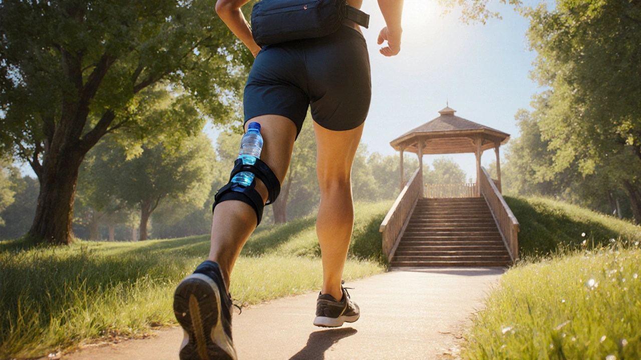 Patient jogging on a sunny park trail, approaching stairs after knee replacement recovery.