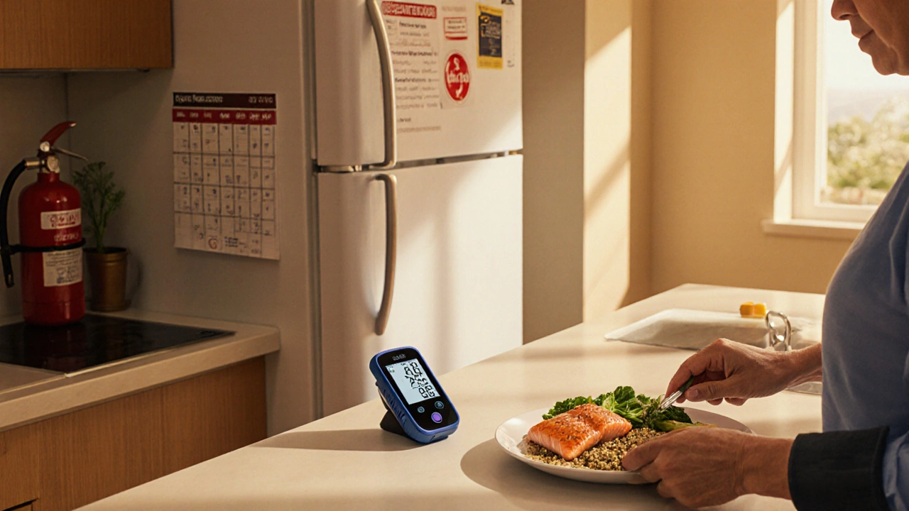 Patient preparing a heart‑healthy meal in a safe, organized kitchen with medical devices nearby.