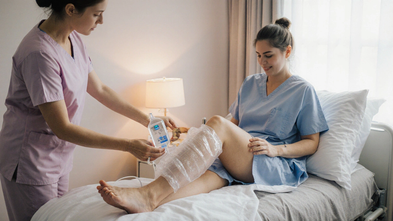 Patient resting in hospital bed with ice pack and leg elevated, nurse adjusting pain pump.