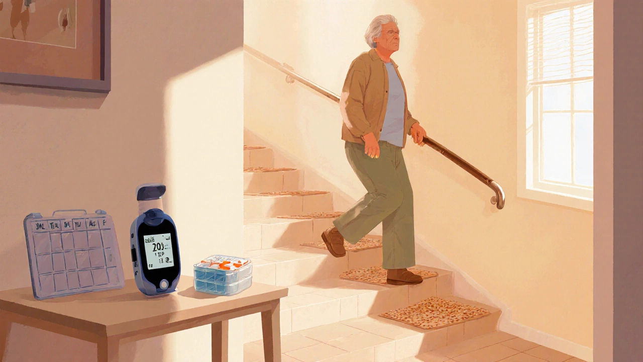 Patient using grab bars while climbing stairs and checking pulse oximeter at home.