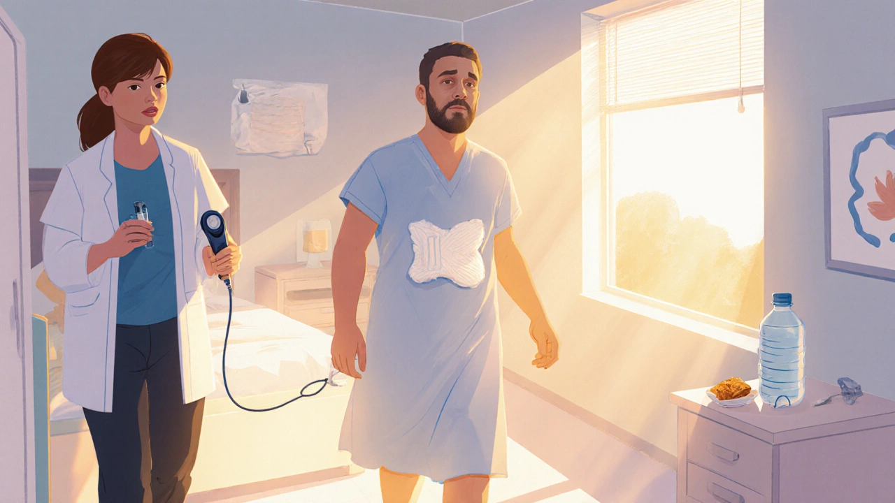 Patient walking with therapist, using spirometer and ice pack, bright hopeful hallway.