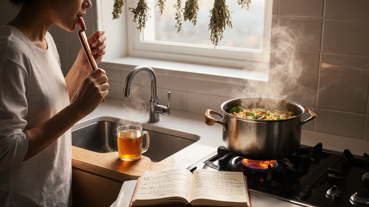 Person practicing tongue scraping, sipping ginger tea, and writing in a journal in a sunny kitchen.