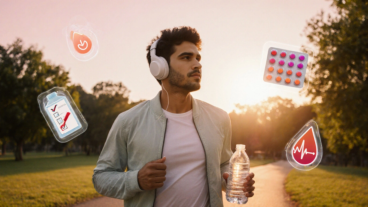 Person walking in a park holding supplement bottle, with floating health icons and sunrise backdrop.