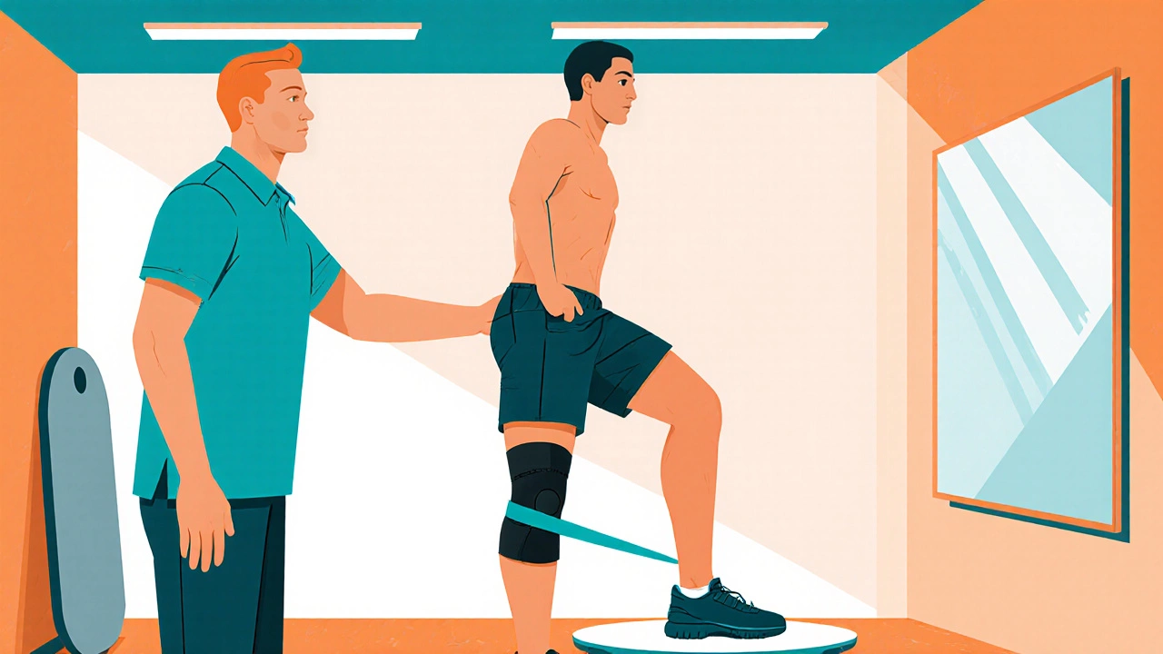 Physiotherapist guiding patient in straight‑leg raise with resistance band in rehab studio.