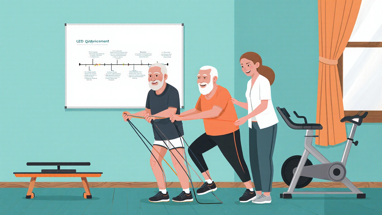 Physiotherapist guiding senior through knee rehab exercises.