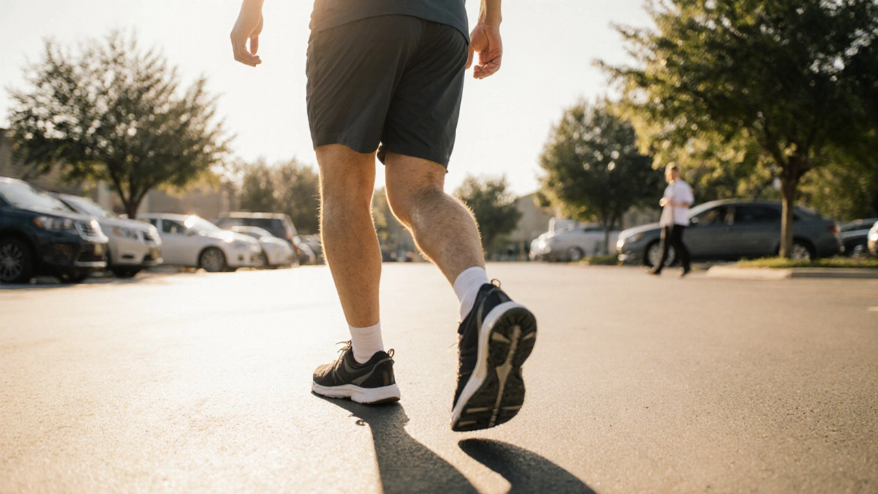 Recovering adult walks confidently without aid in a sunny parking lot, showing progress at week 5.