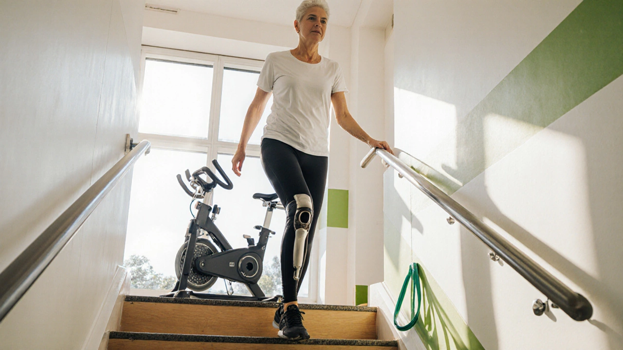 Recovering patient walking up stairs and using a stationary bike after knee replacement.