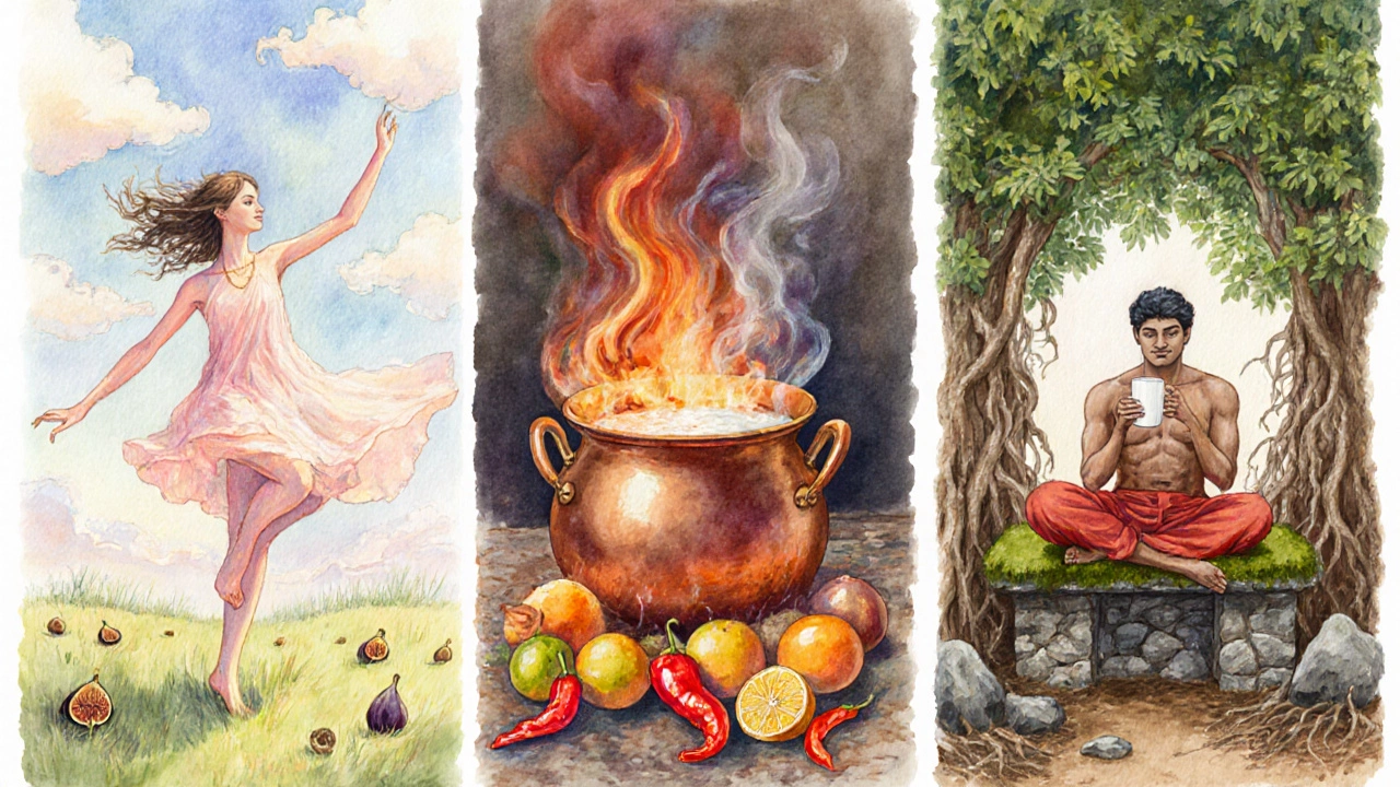 Three people representing Vata, Pitta, and Kapha in meadow, kitchen, and garden settings.