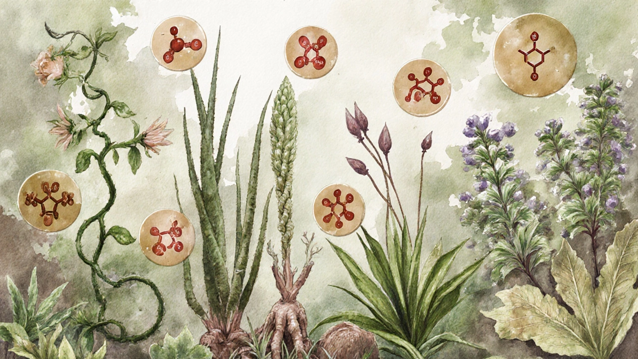 Watercolor garden showing eight harmful herbs with abstract chemical symbols indicating toxicity.