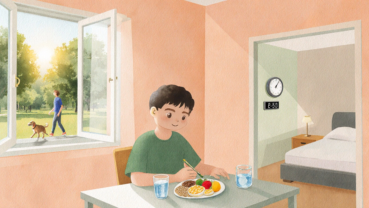 Watercolor of a person enjoying a healthy breakfast, walking a dog, and a tidy bedroom for good sleep.