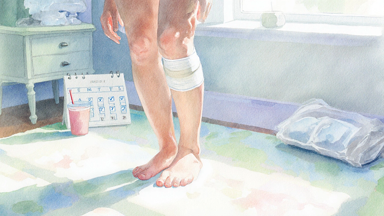 Watercolor scene of a barefoot patient doing leg raises at home, with ice pack and protein shake nearby.